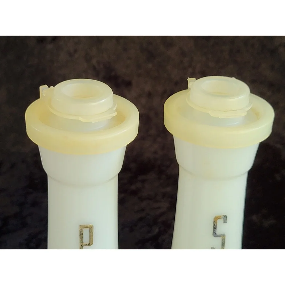 Vtg MCM Tupperware Hourglass Salt and Pepper Shakers White Gold Lettering 831